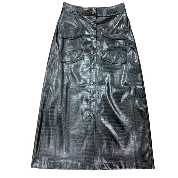 Anthropologie Mare Mare Black Faux Leather Button Front Midi Skirt - Picture 2 of 6